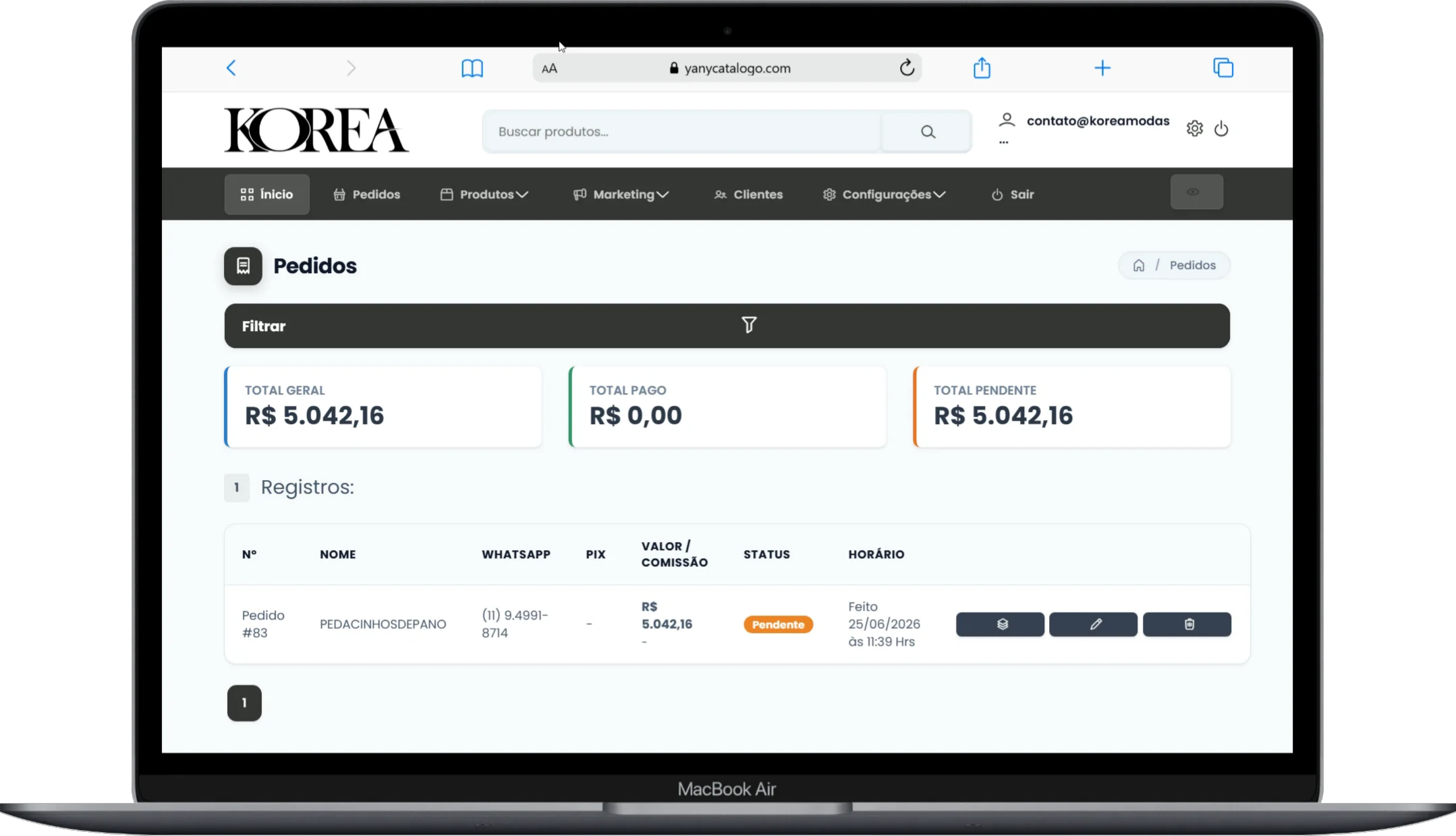 Dashboard Colmy Catálogo mostrando relatório de pedidos